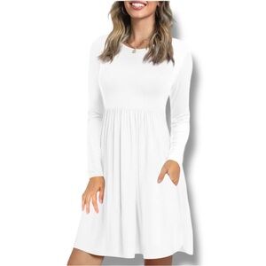 LONGYUAN Knee High White Long Sleeve Dress with pockets